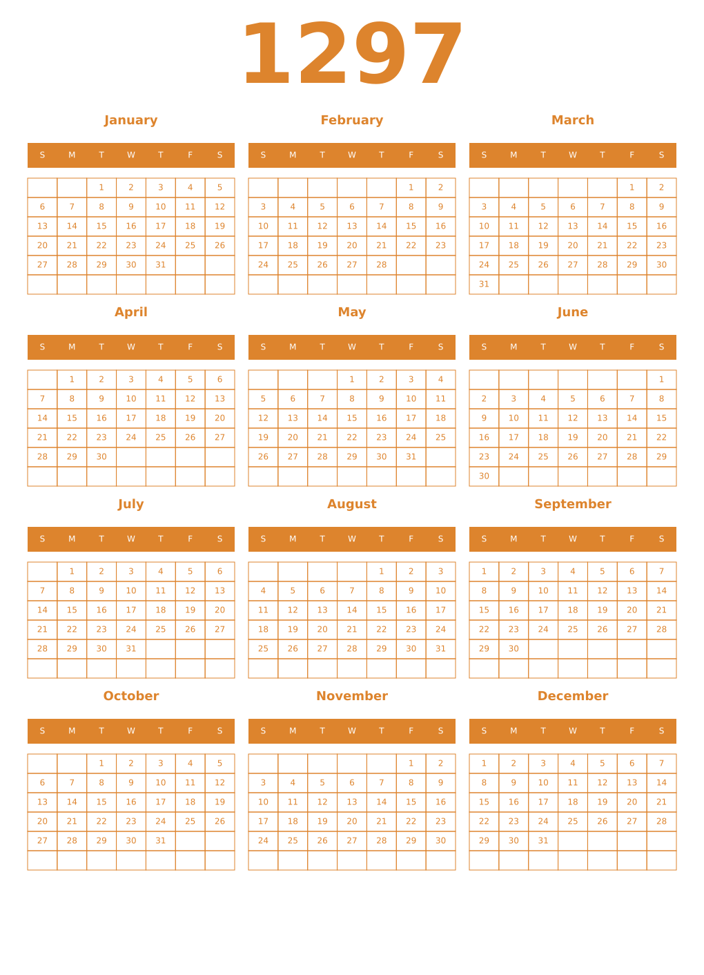 Printable 1297 Year Calendars orange
