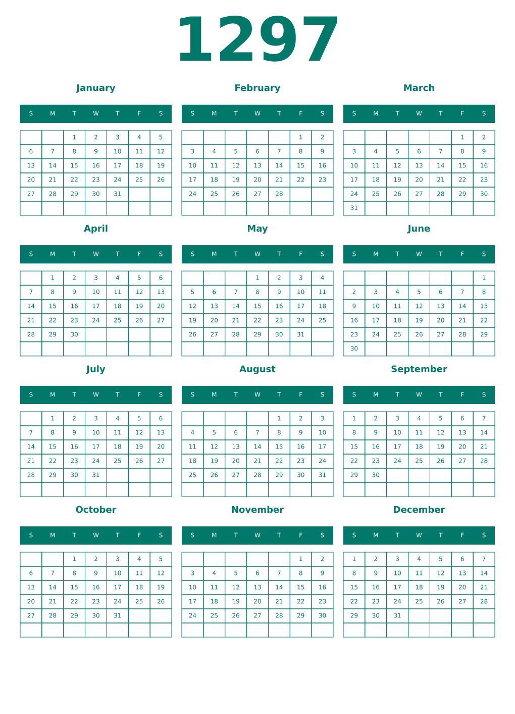 Printable 1297 Year Calendars pastel