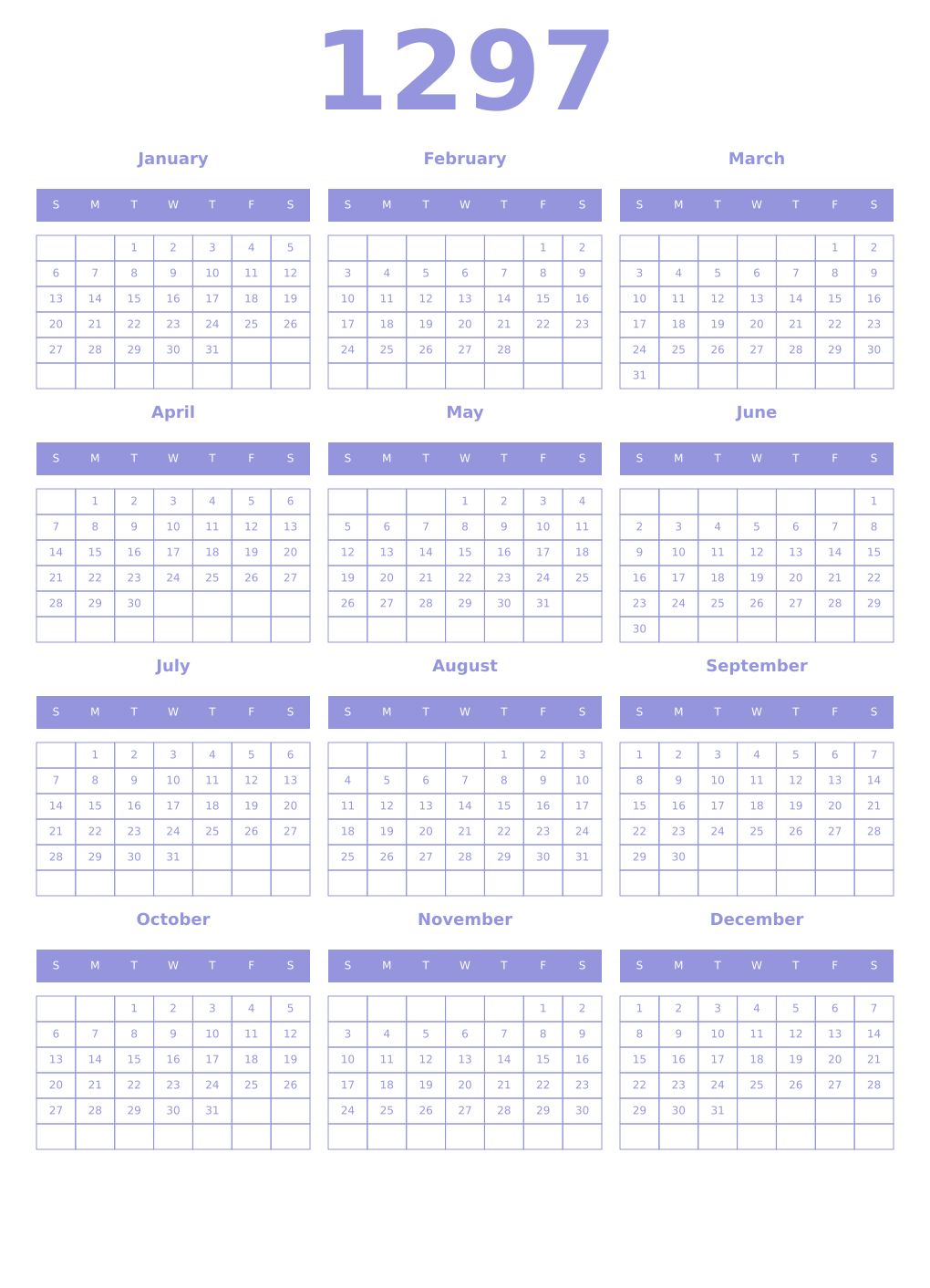 Printable 1297 Year Calendars periwinkle