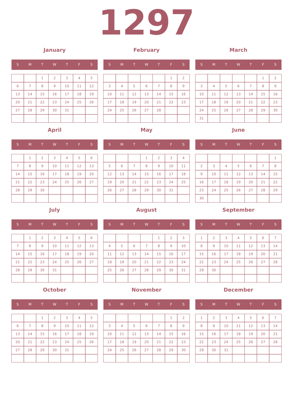 Printable 1297 Year Calendars puce