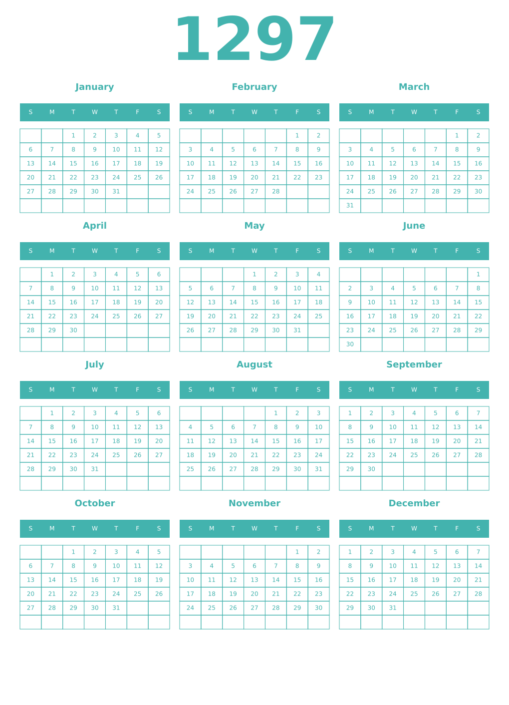 Printable 1297 Year Calendars verdigris
