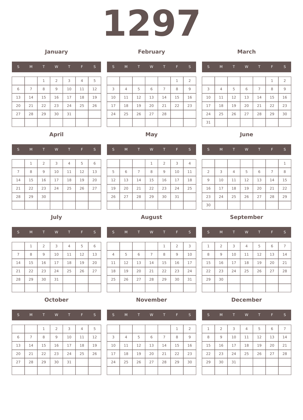 Printable 1297 Year Calendars wenge