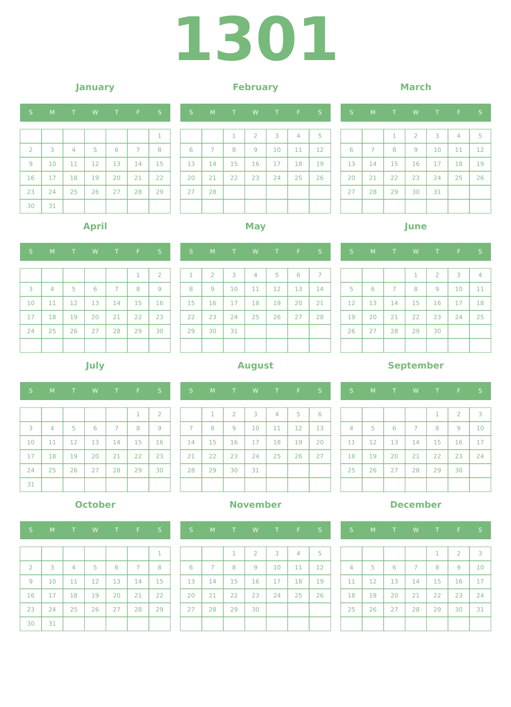 Printable 1301 Year Calendars celadon