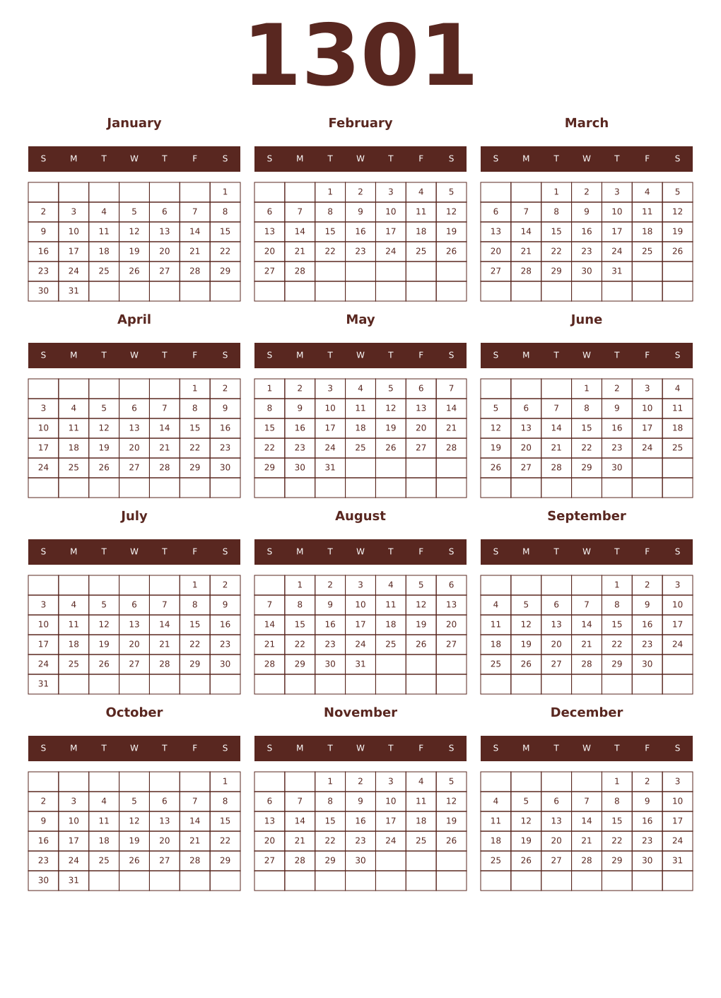 Printable 1301 Year Calendars mortuum