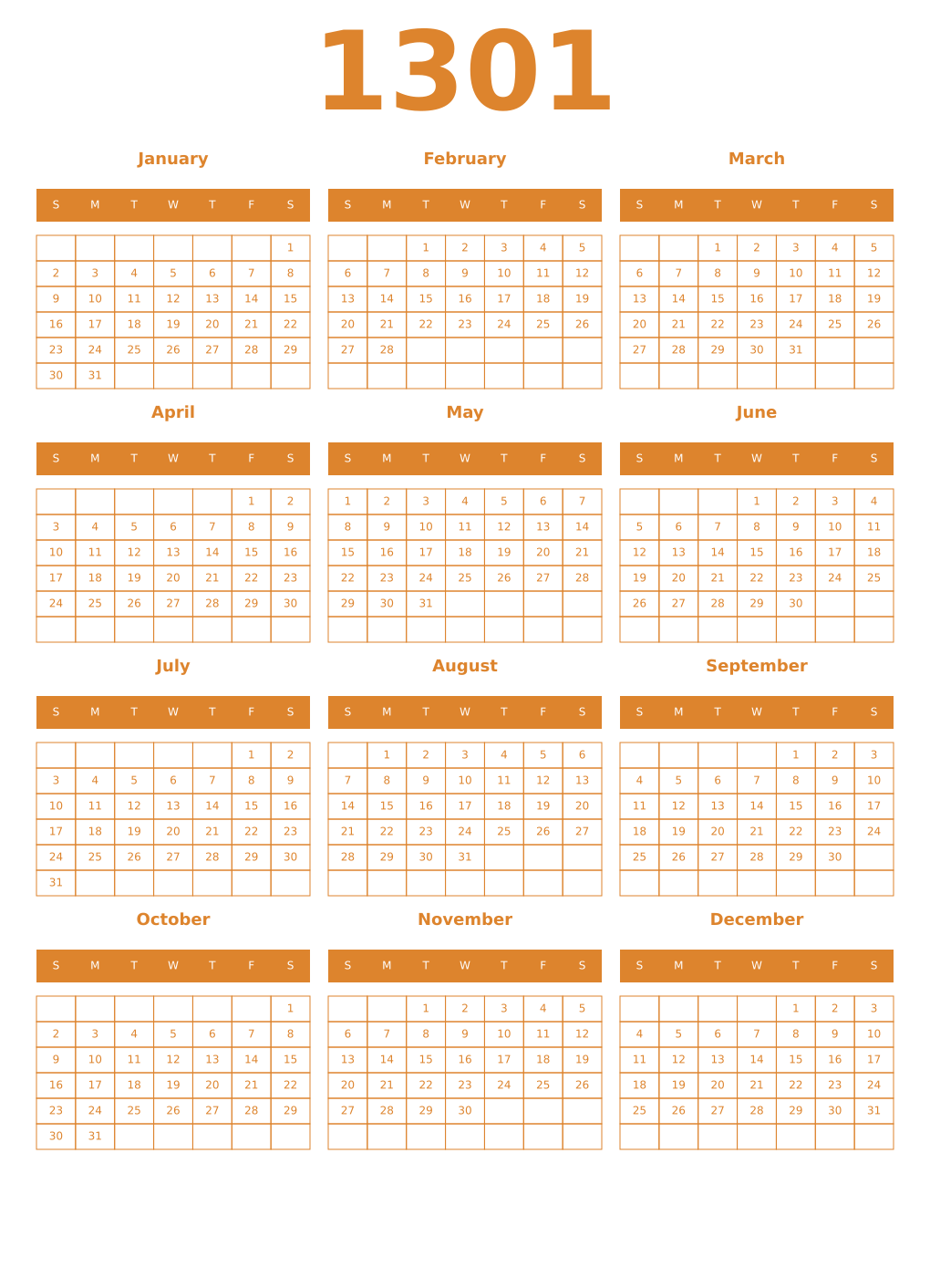 Printable 1301 Year Calendars orange