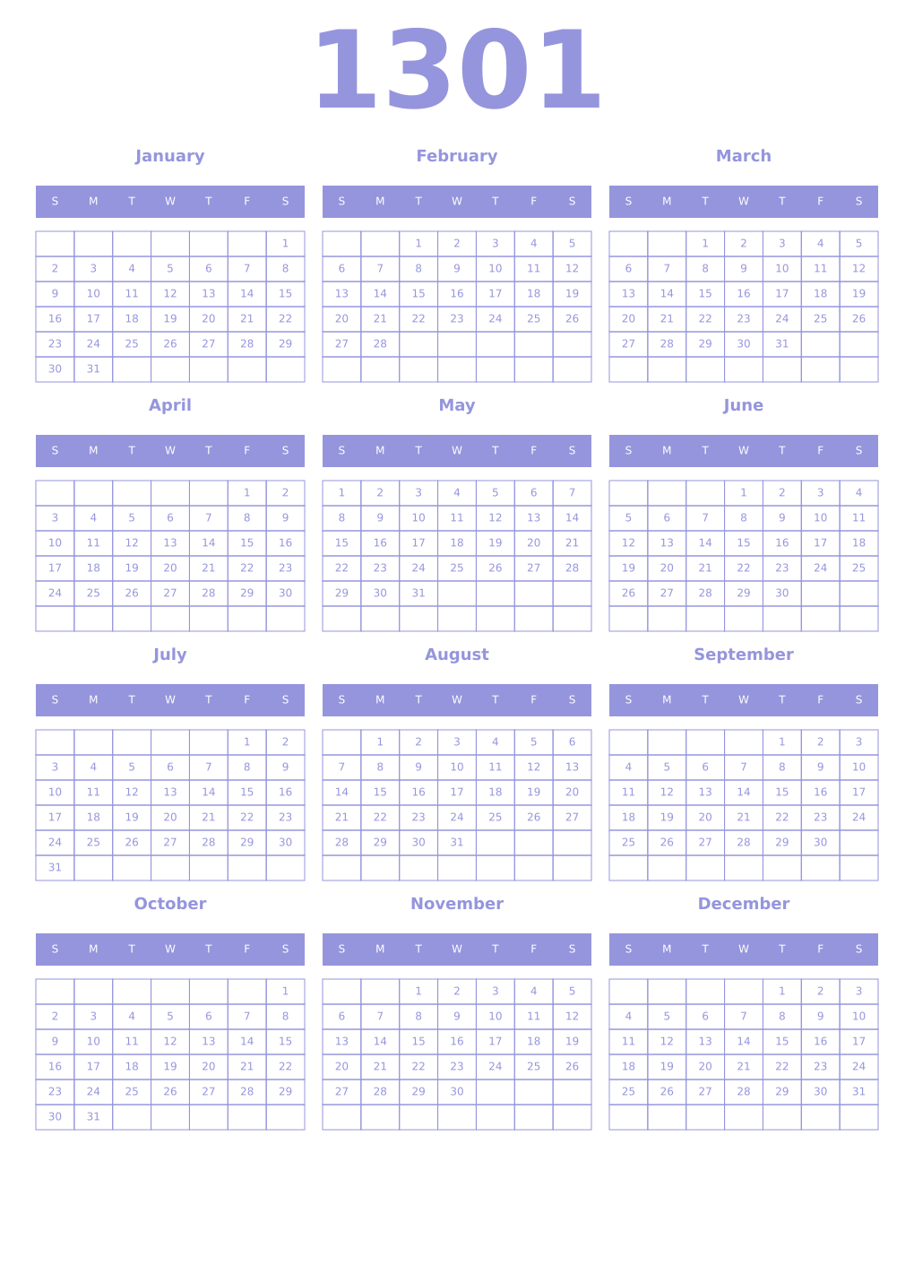 Printable 1301 Year Calendars periwinkle