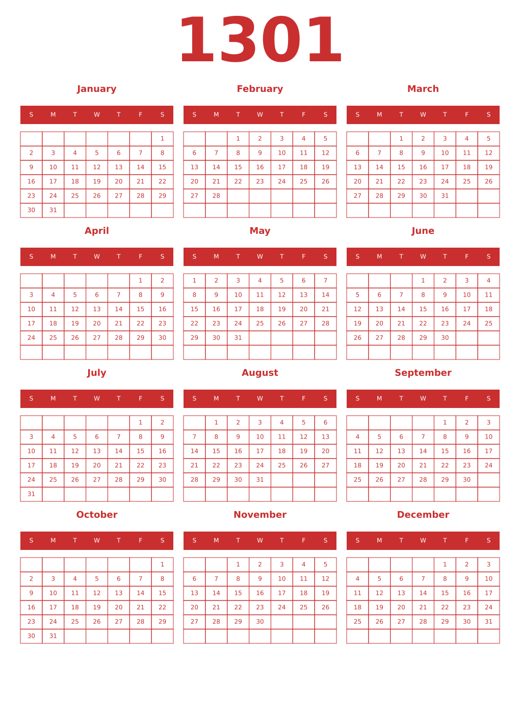 Printable 1301 Year Calendars red