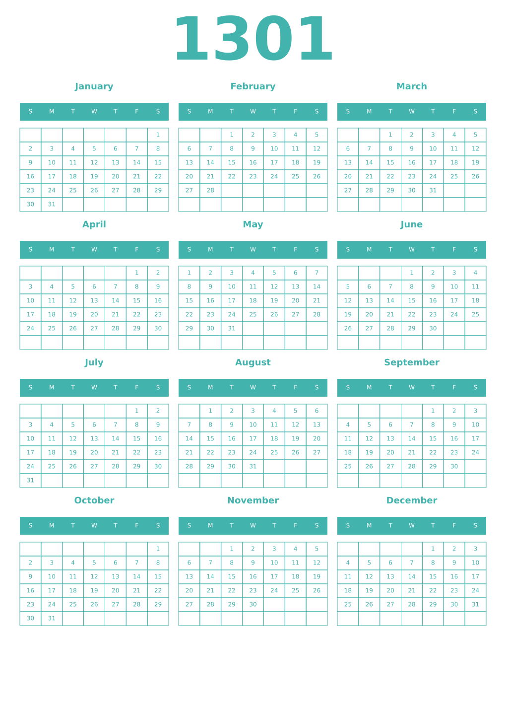 Printable 1301 Year Calendars verdigris