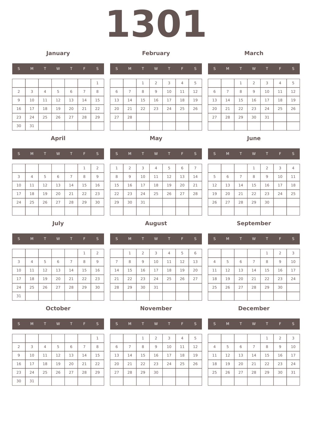 Printable 1301 Year Calendars wenge