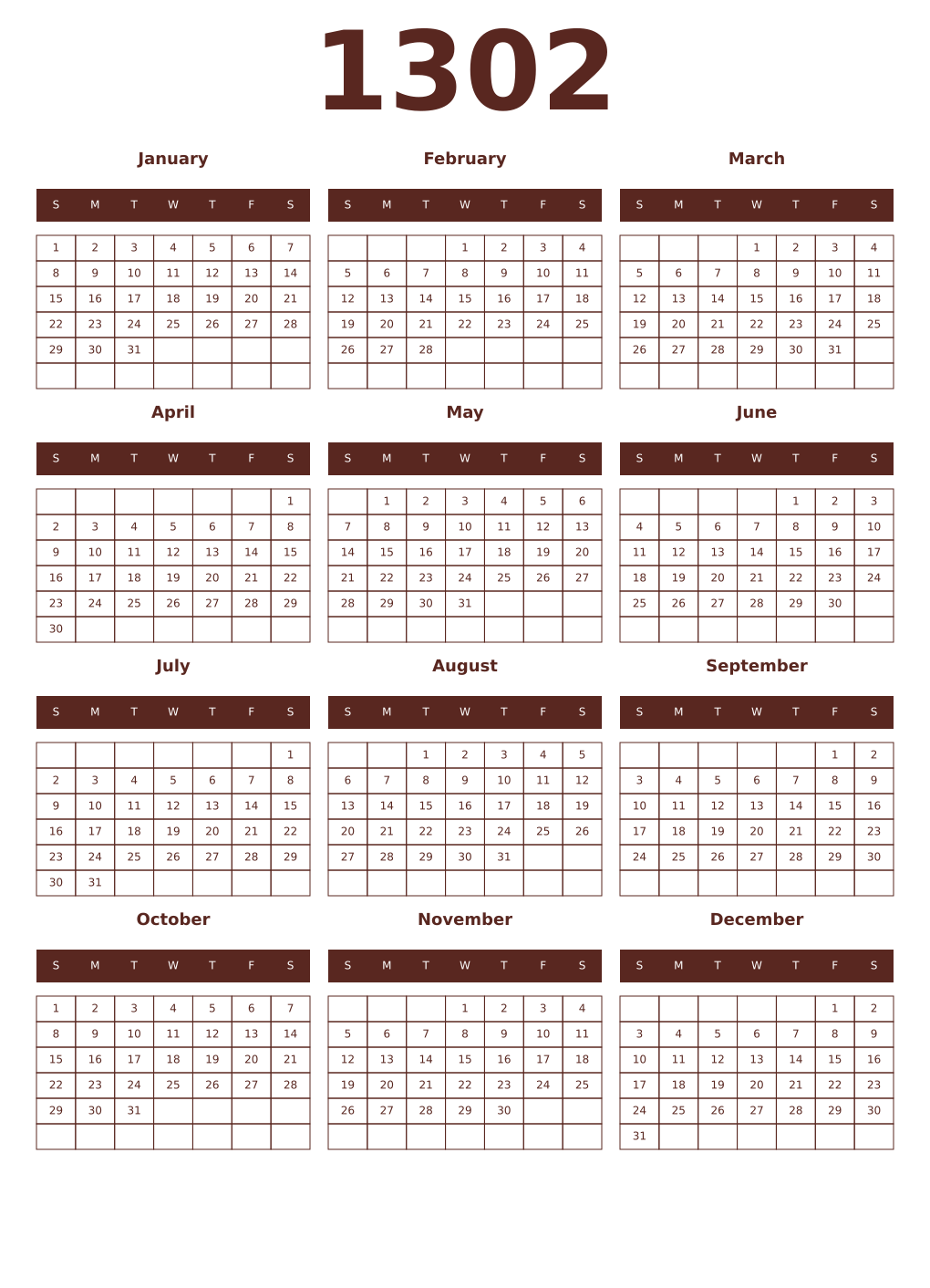 Printable 1302 Year Calendars mortuum