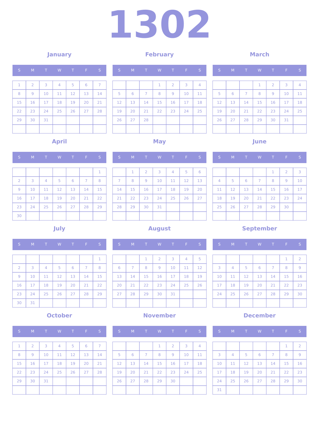 Printable 1302 Year Calendars periwinkle
