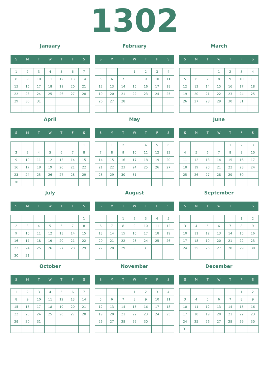 Printable 1302 Year Calendars viridian