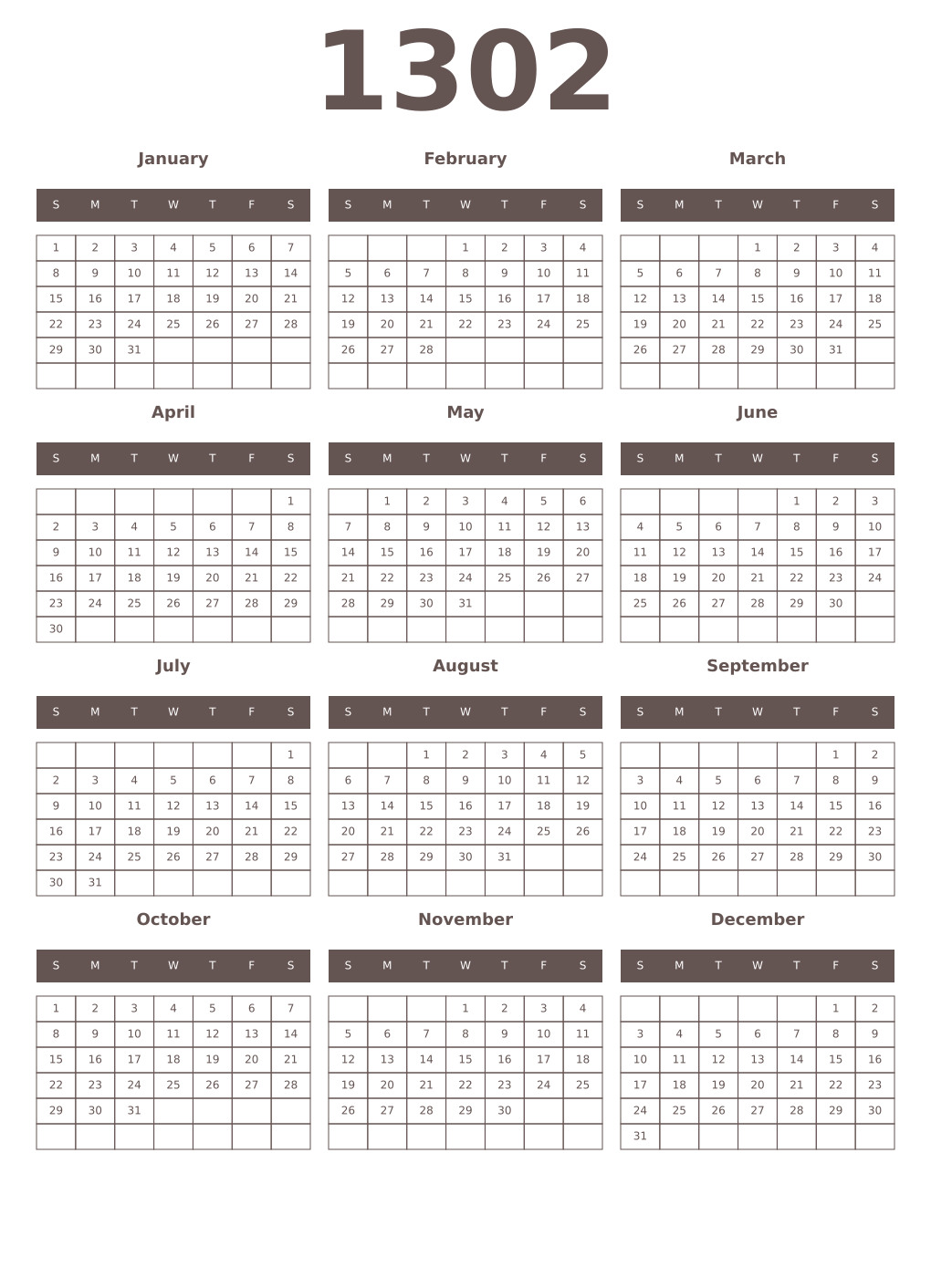 Printable 1302 Year Calendars wenge