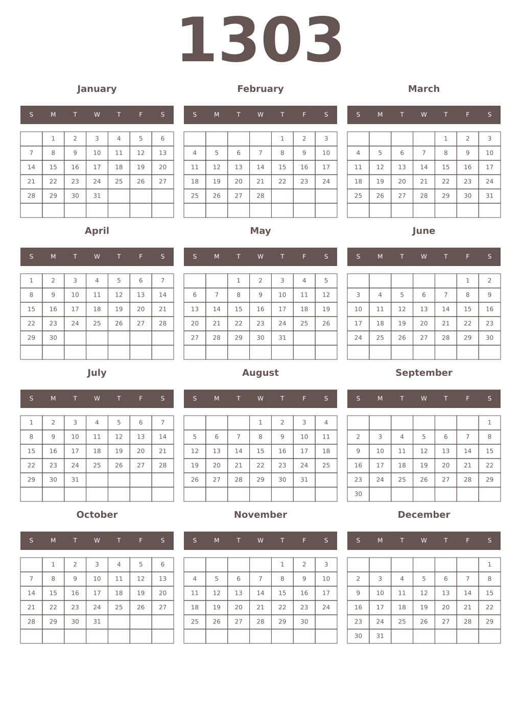 Printable 1303 Year Calendars wenge