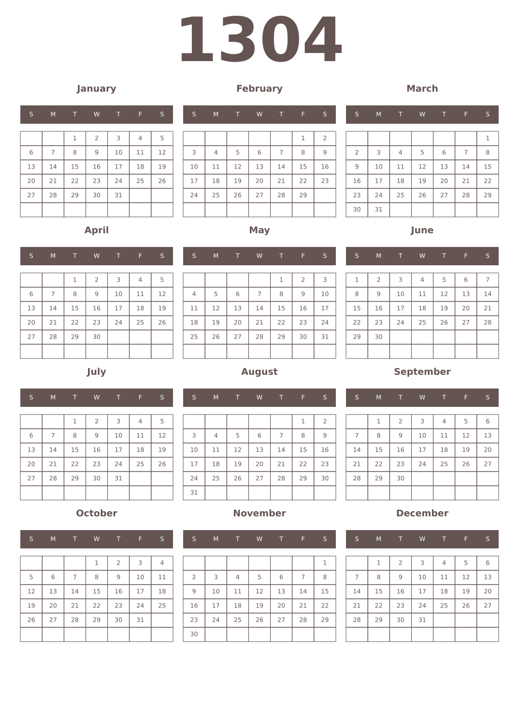 Printable 1304 Year Calendars wenge