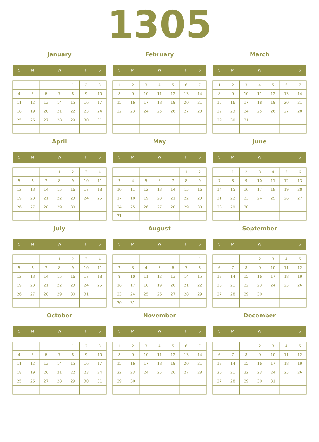 Printable 1305 Year Calendars eburnean