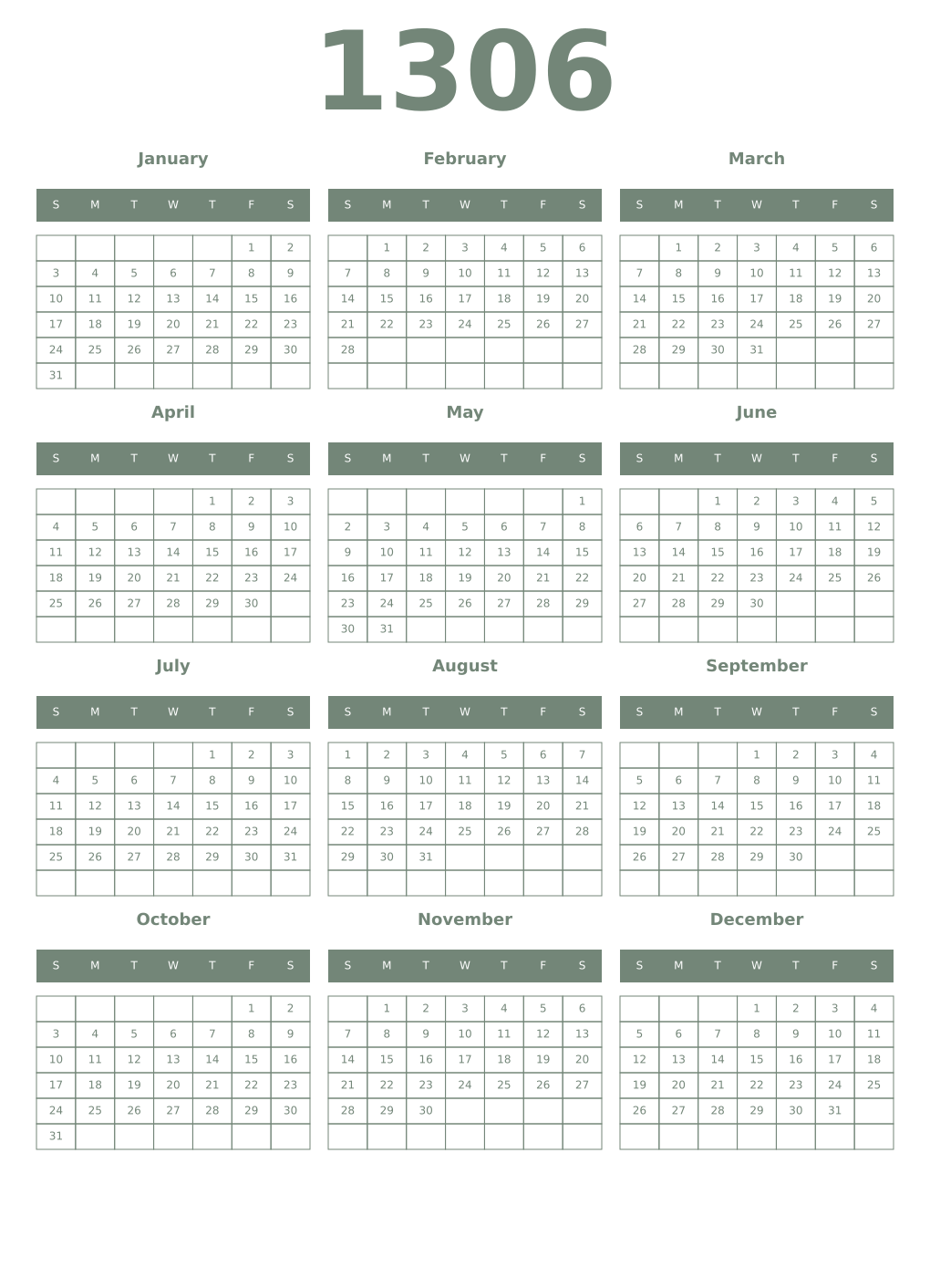Printable 1306 Year Calendars xanadu