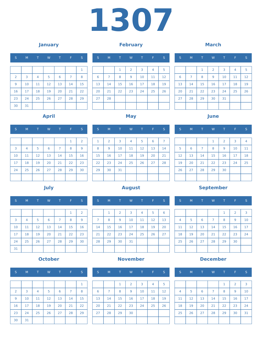 Printable 1307 Year Calendars blue