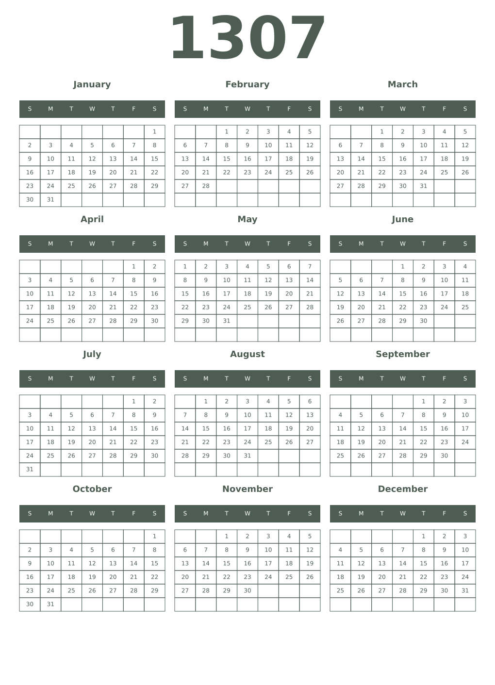 Printable 1307 Year Calendars feldgrau