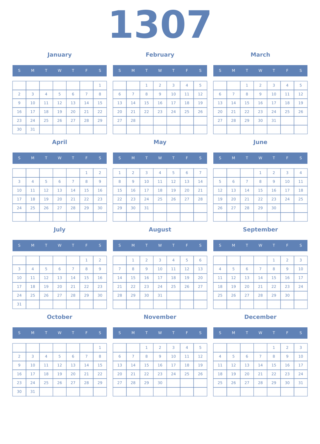 Printable 1307 Year Calendars glaucous