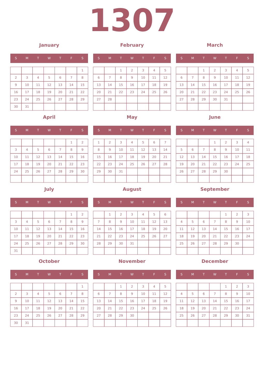 Printable 1307 Year Calendars puce