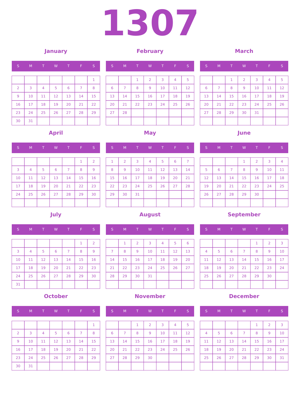Printable 1307 Year Calendars purple