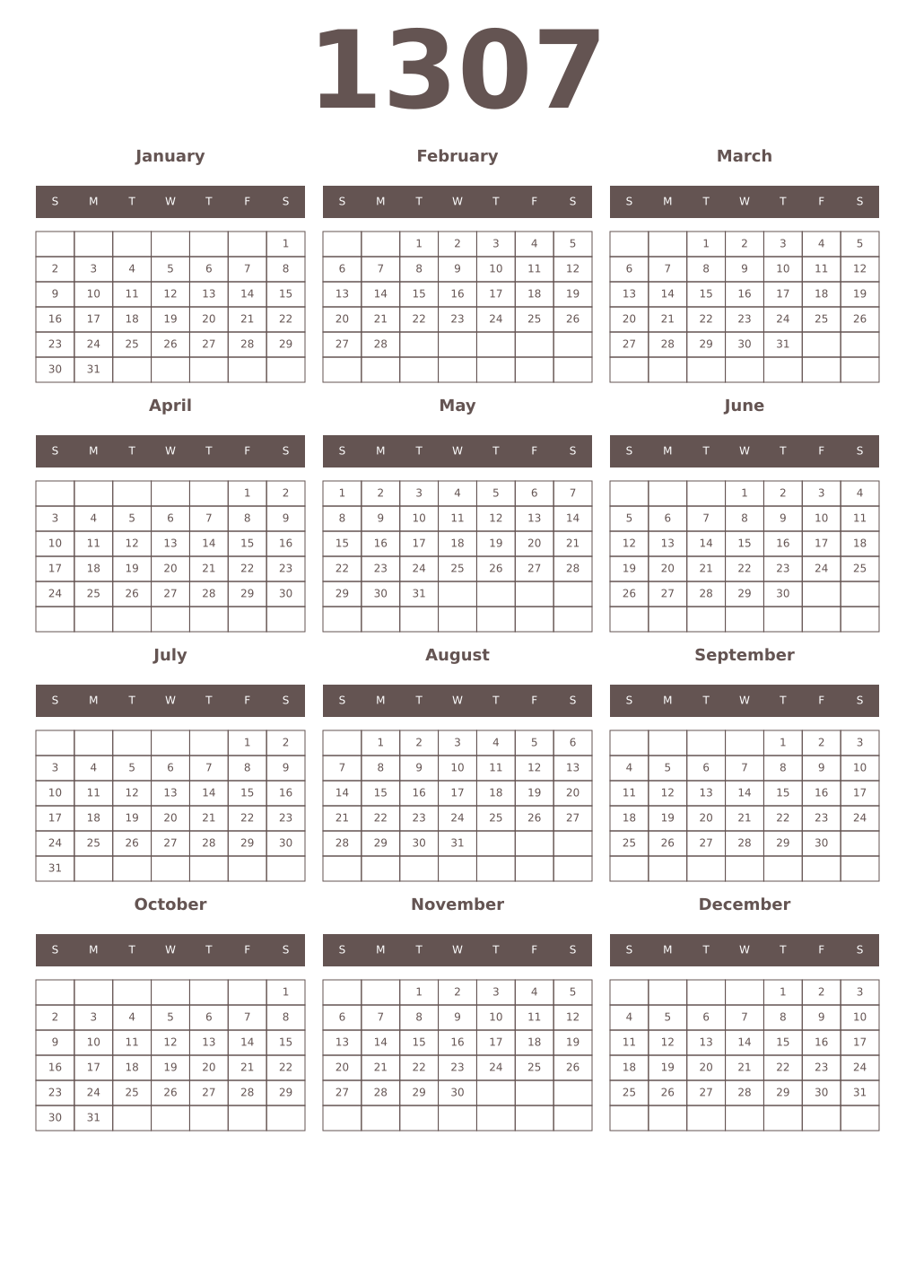Printable 1307 Year Calendars wenge