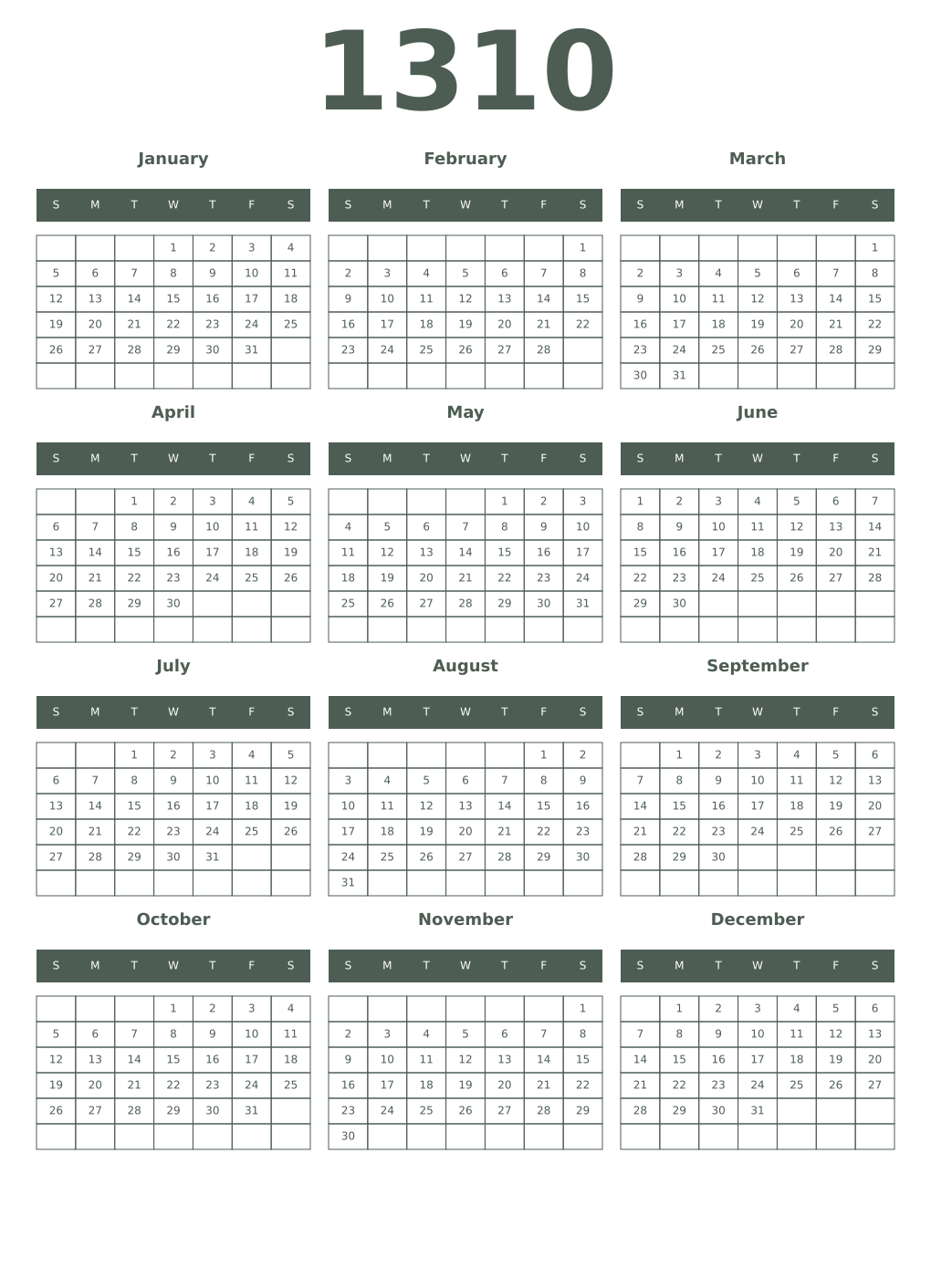 Printable 1310 Year Calendars feldgrau