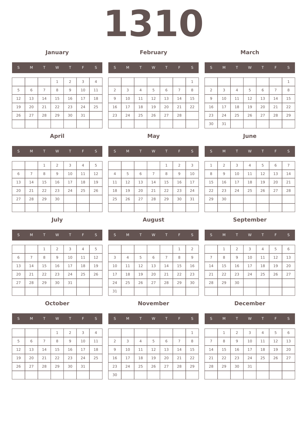 Printable 1310 Year Calendars wenge