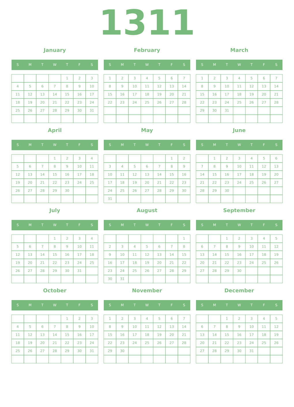 Printable 1311 Year Calendars celadon