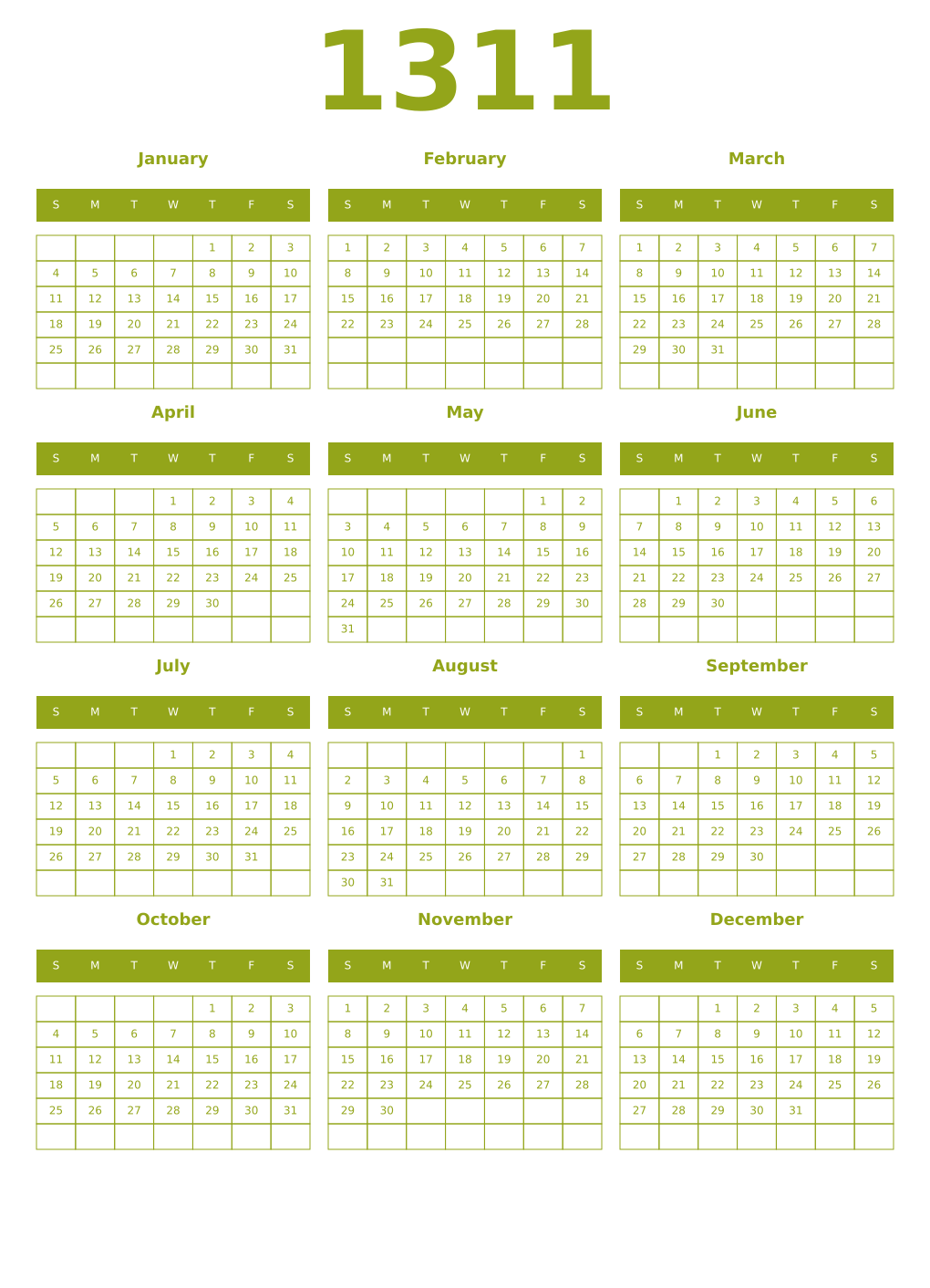 Printable 1311 Year Calendars chartreuse