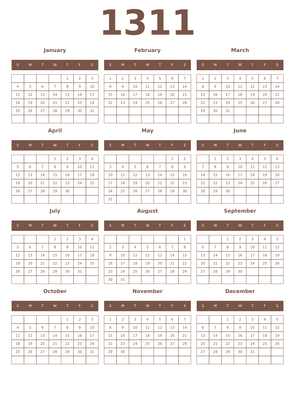 Printable 1311 Year Calendars coffe