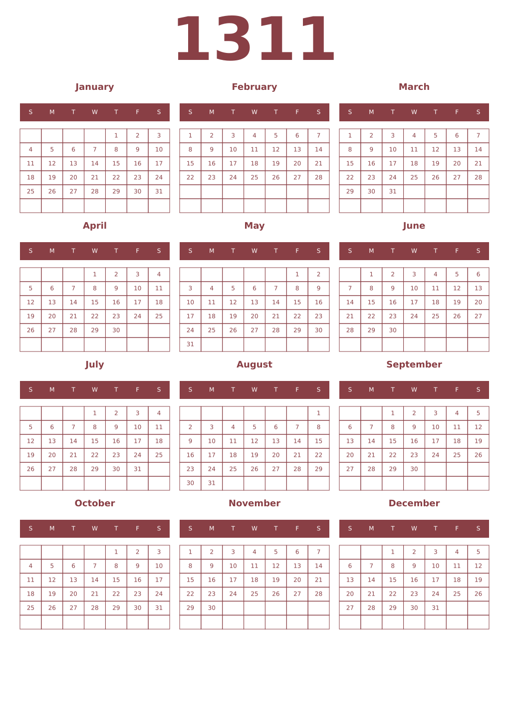 Printable 1311 Year Calendars cordovan
