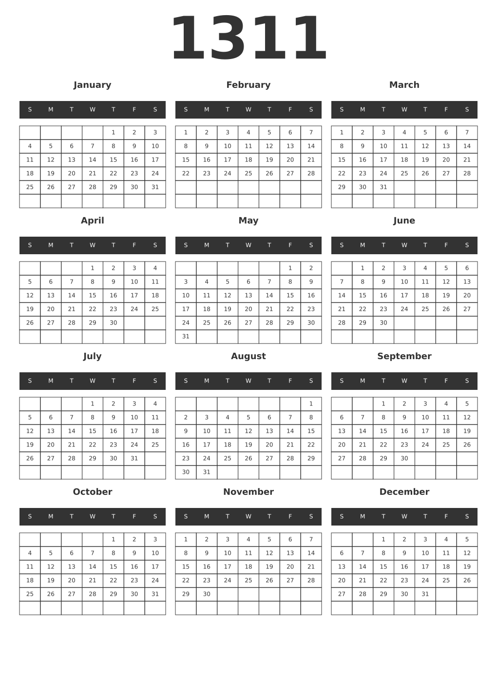 Printable 1311 Year Calendars dark