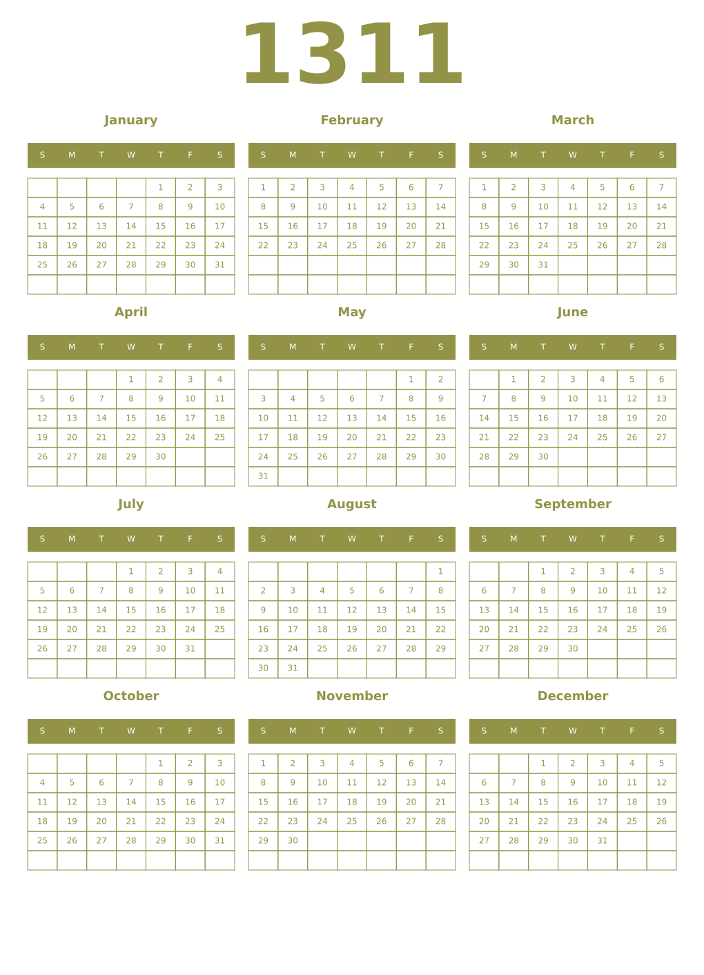 Printable 1311 Year Calendars eburnean
