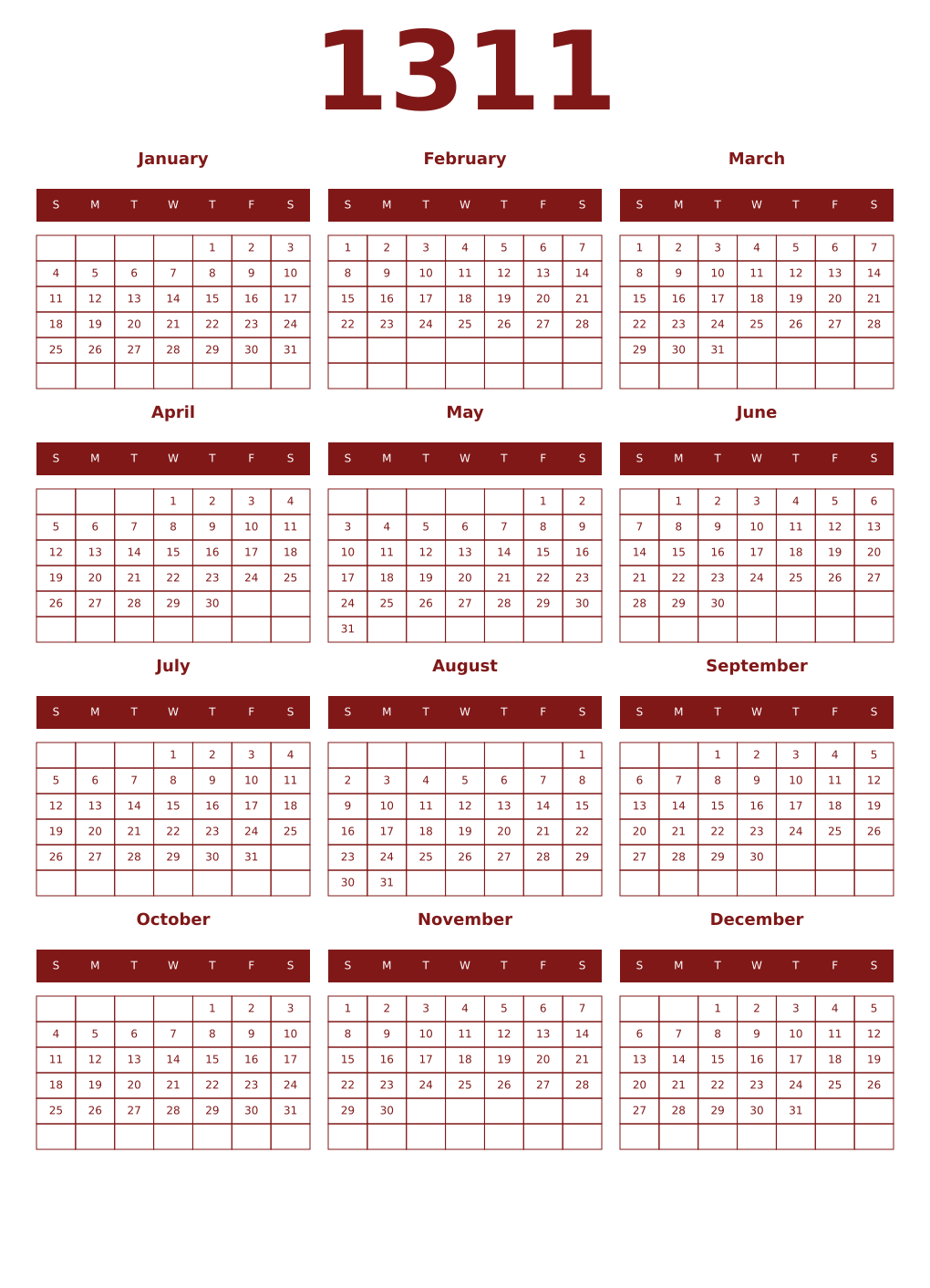 Printable 1311 Year Calendars falu