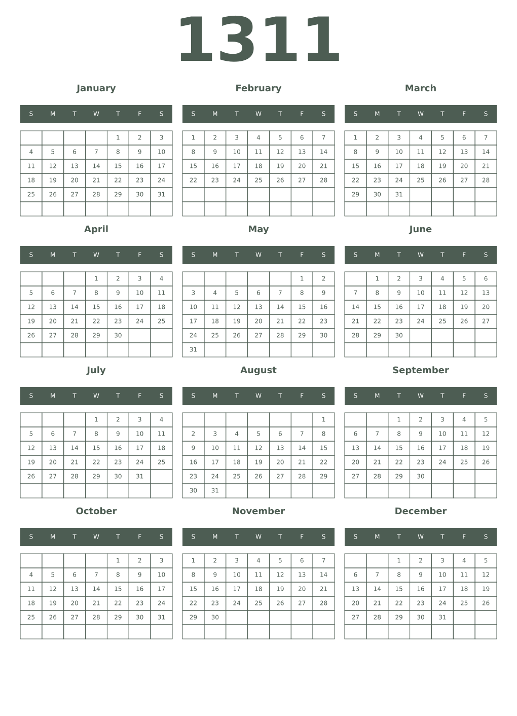Printable 1311 Year Calendars feldgrau
