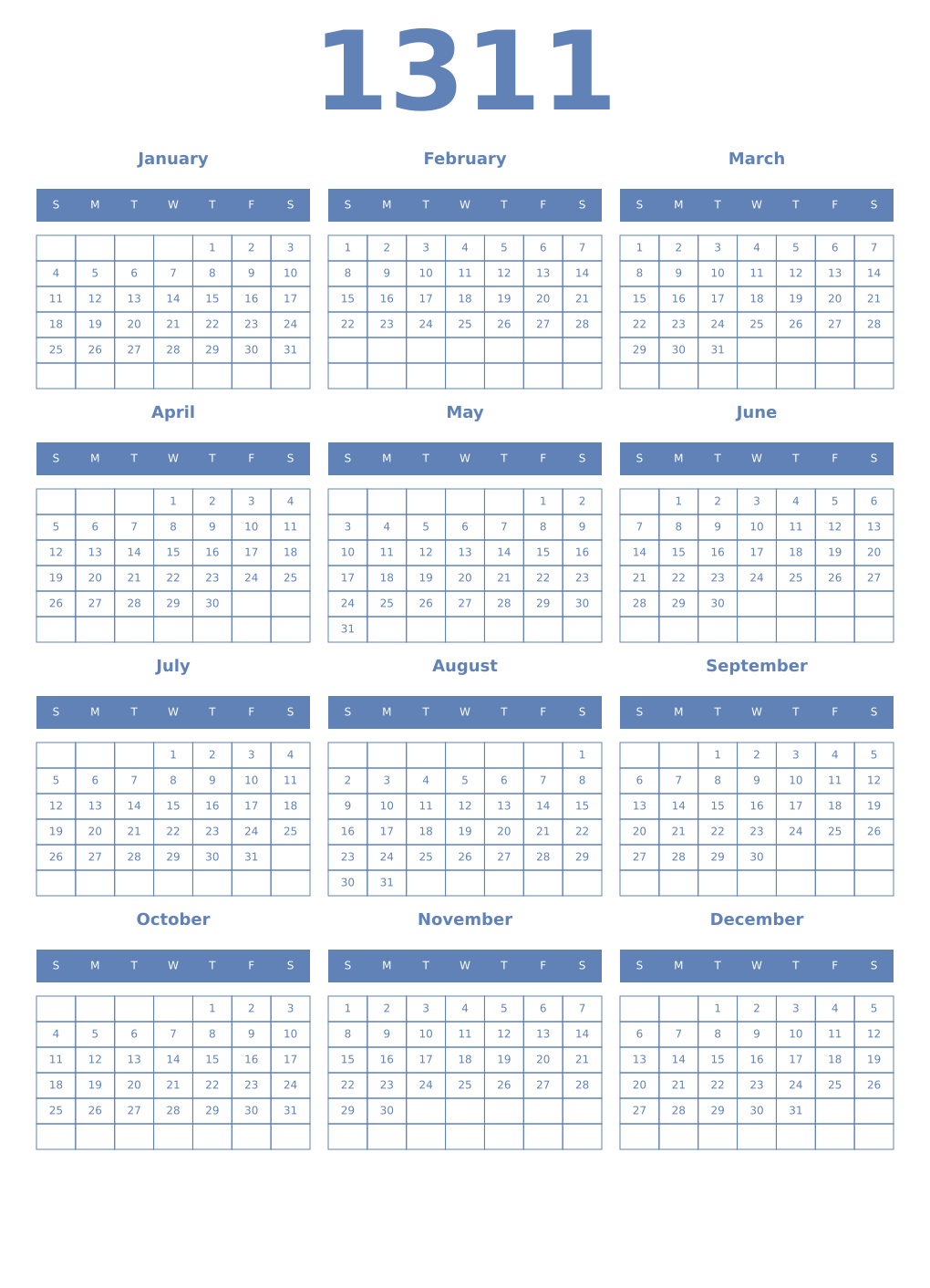 Printable 1311 Year Calendars glaucous