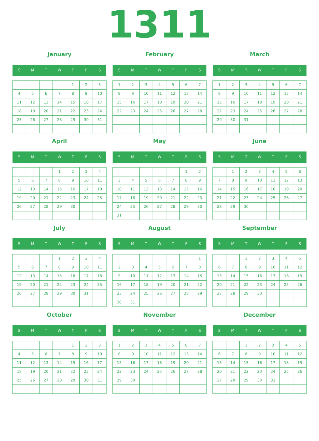 Printable 1311 Year Calendars green