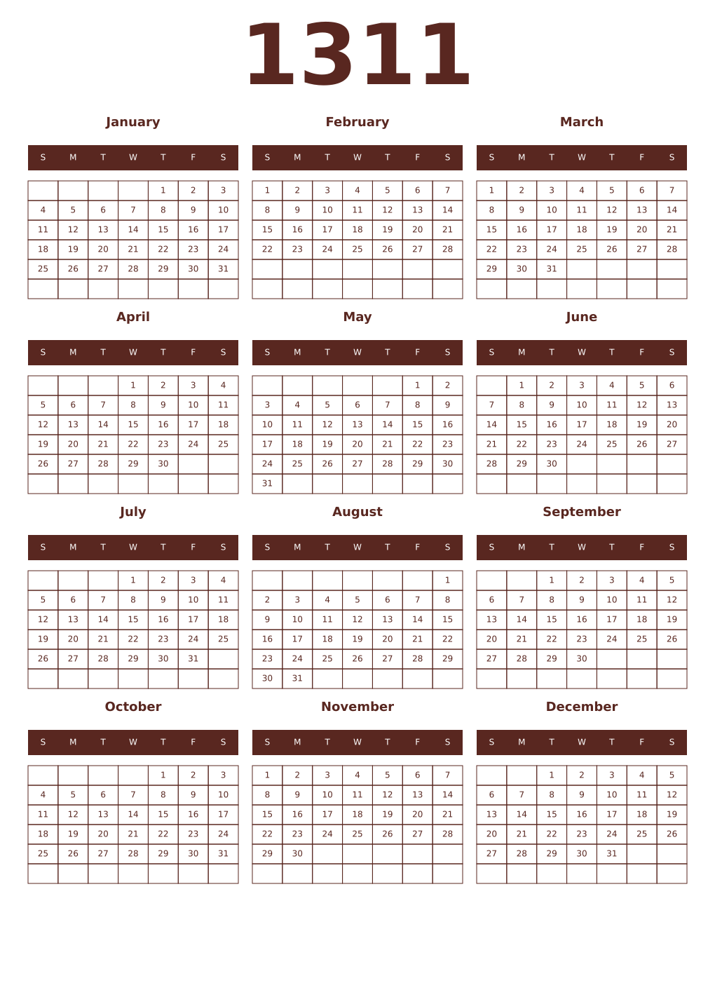 Printable 1311 Year Calendars mortuum