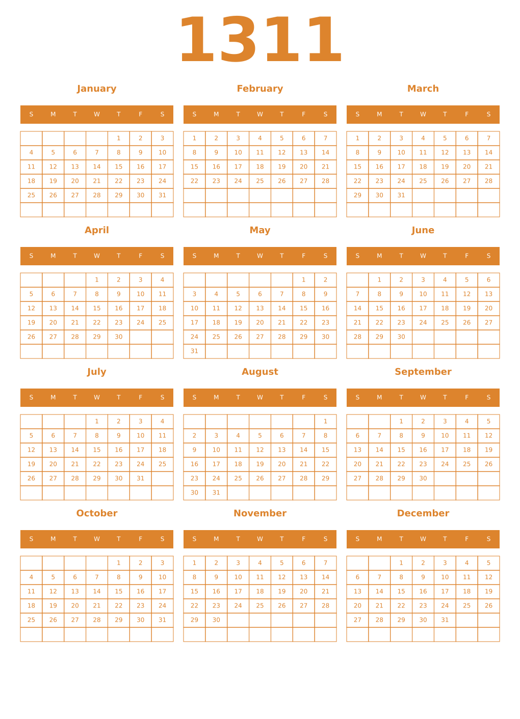 Printable 1311 Year Calendars orange