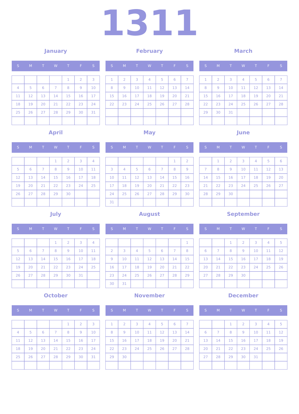 Printable 1311 Year Calendars periwinkle