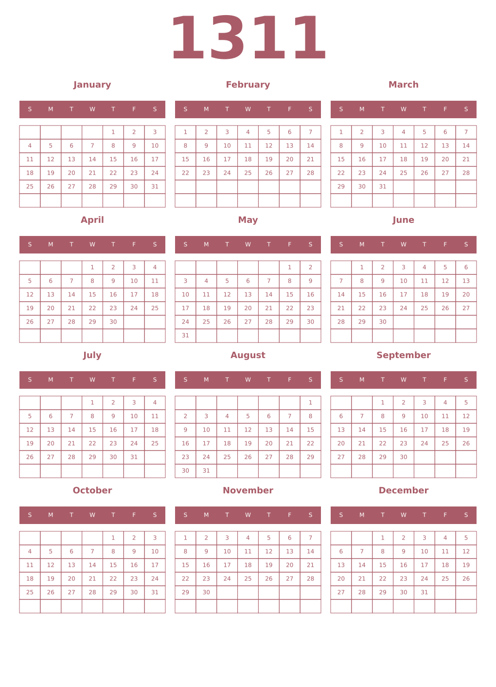 Printable 1311 Year Calendars puce