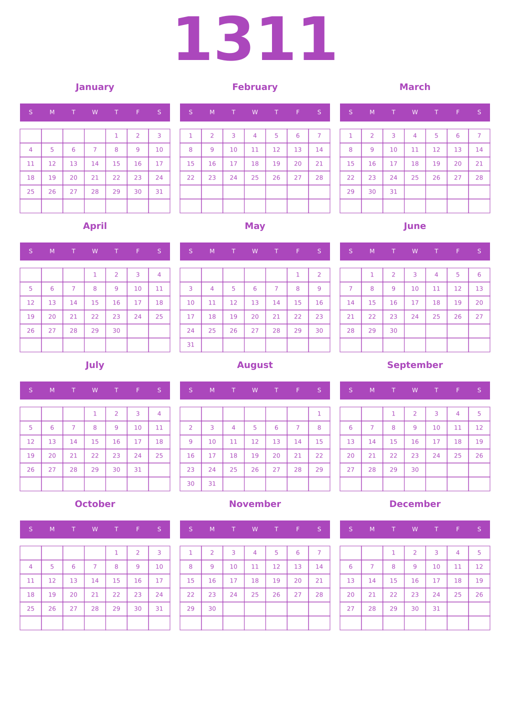 Printable 1311 Year Calendars purple