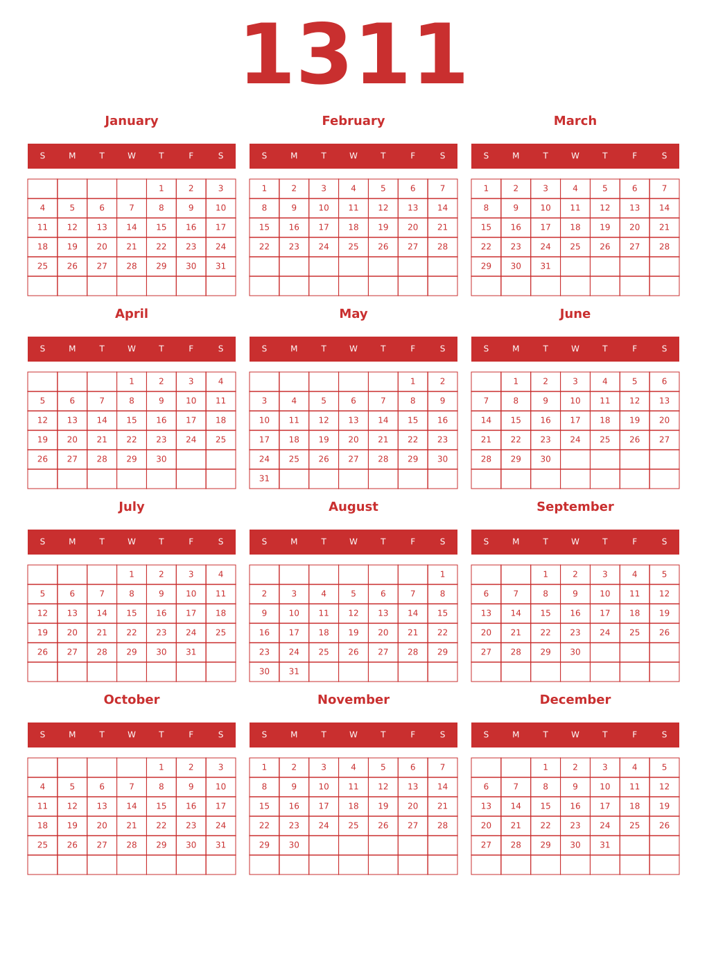 Printable 1311 Year Calendars red
