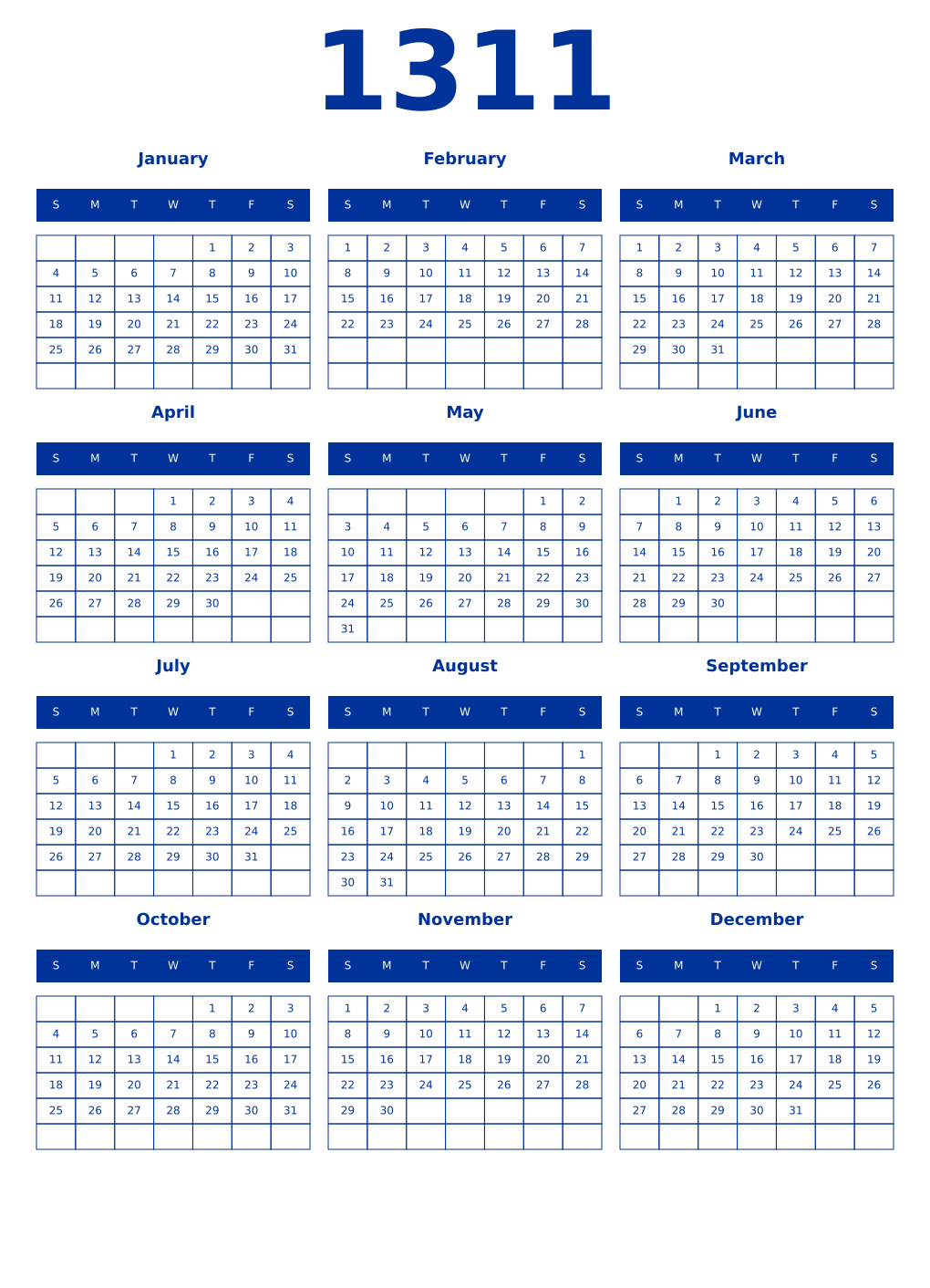 Printable 1311 Year Calendars smalt