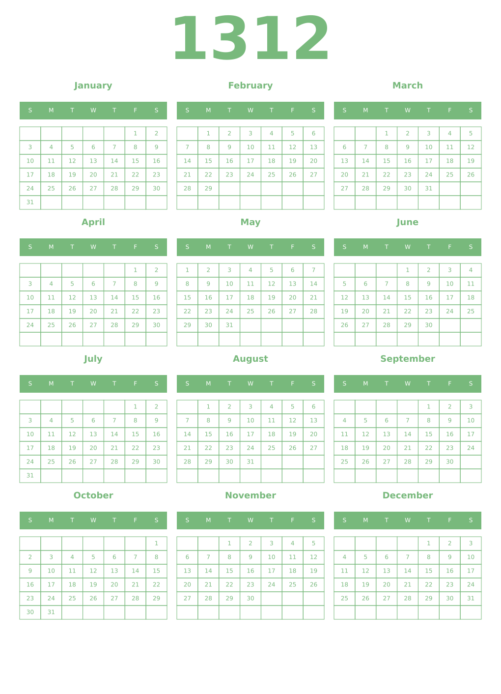 Printable 1312 Year Calendars celadon