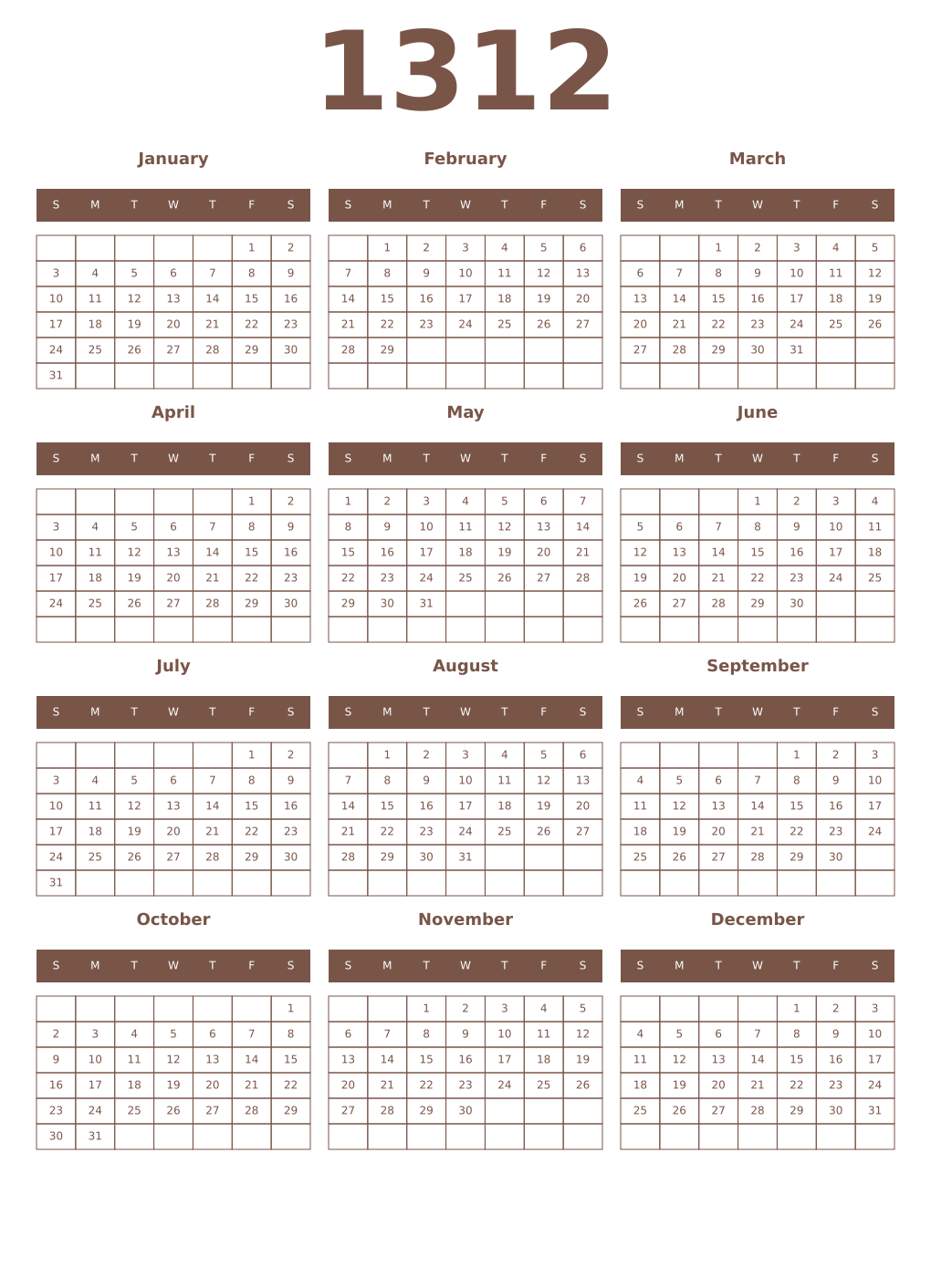 Printable 1312 Year Calendars coffe