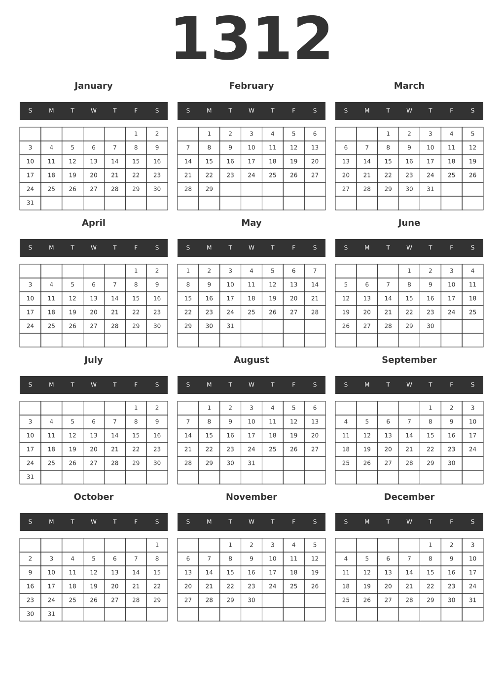 Printable 1312 Year Calendars dark