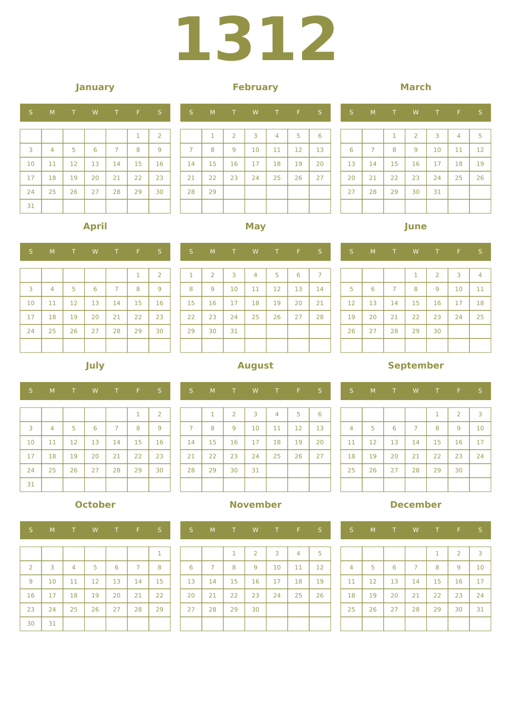 Printable 1312 Year Calendars eburnean